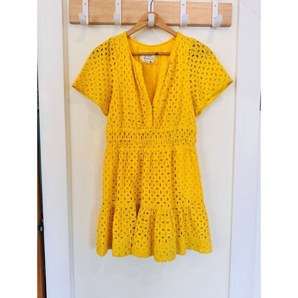 Anthropologie The Somerset Yellow Eyelet Mini Dress Small PETITE - Picture 5 of 10
